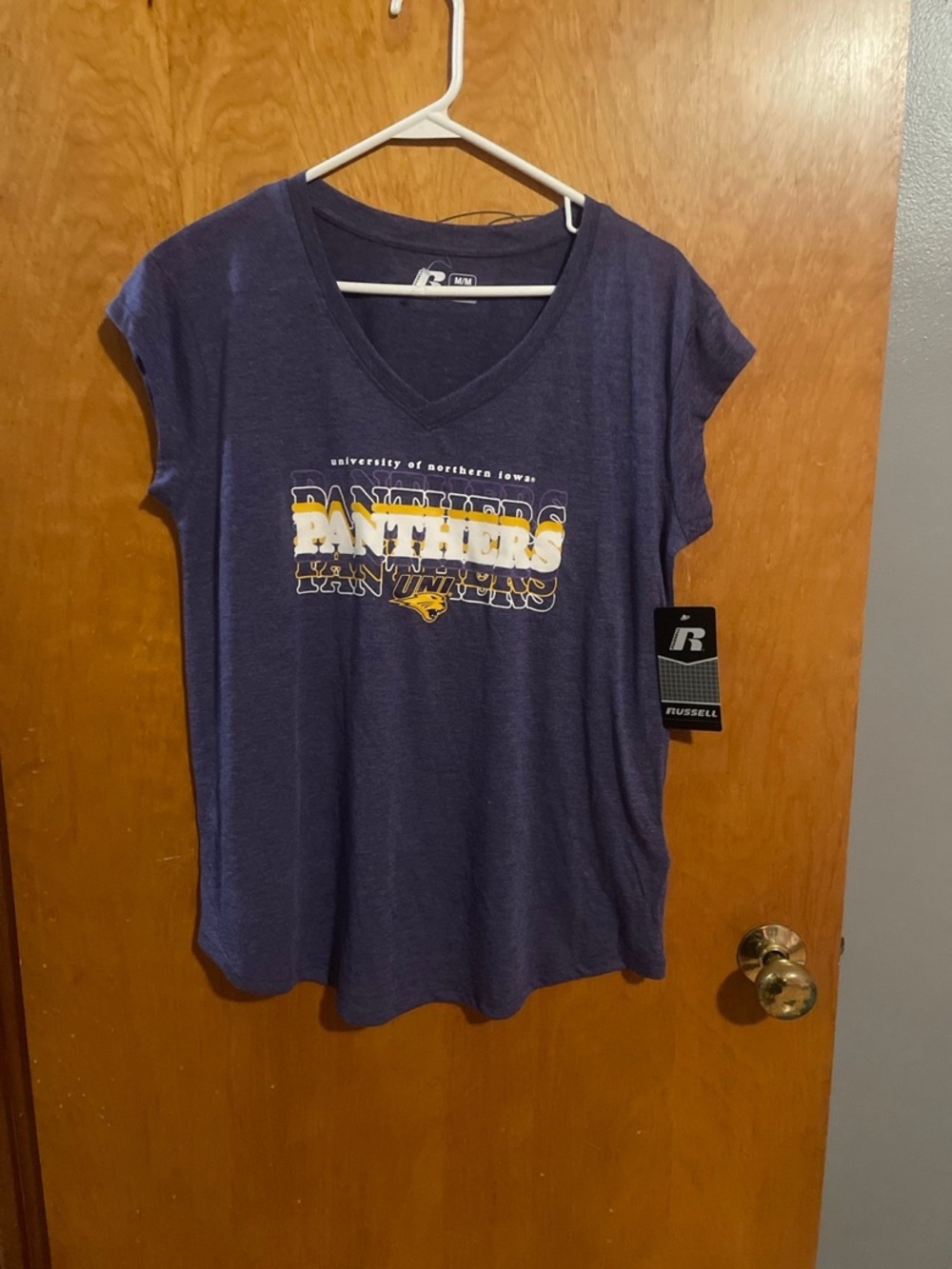 Russell Athletic Women's Purple Panthers V-Neck Tee with Yellow Accent